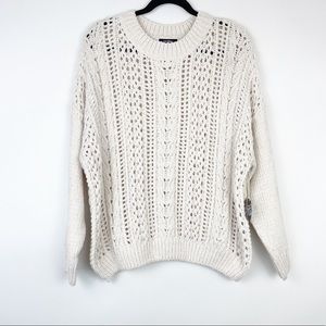 Woman’s Crew Neck Open Stitch Ivory Cozy Sweater Size Large